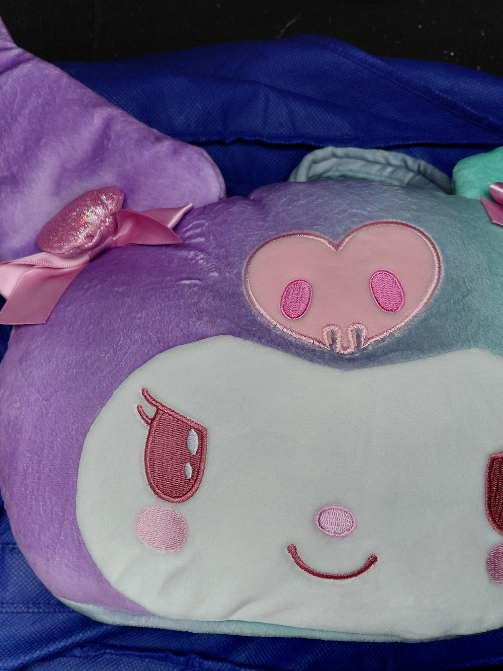 Hello Kitty-Kuromi Gradient Plush Face Bag in Purple, Mint & Pink